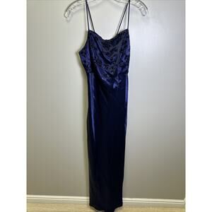 VTG A Fortiori Slip Maxi Dress Size 13/14 Navy Blue‎ Velvet Floral Square Neck